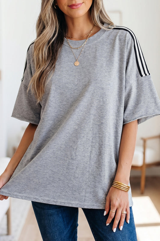 Light Grey Patchwork Detail Raw Edge Oversize Tee