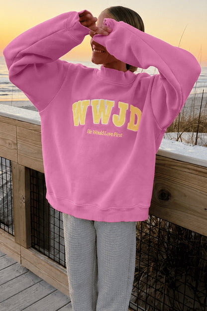 Pink WWJD Embroidered Trim Slogan Graphic Crewneck Pullover Sweatshirt