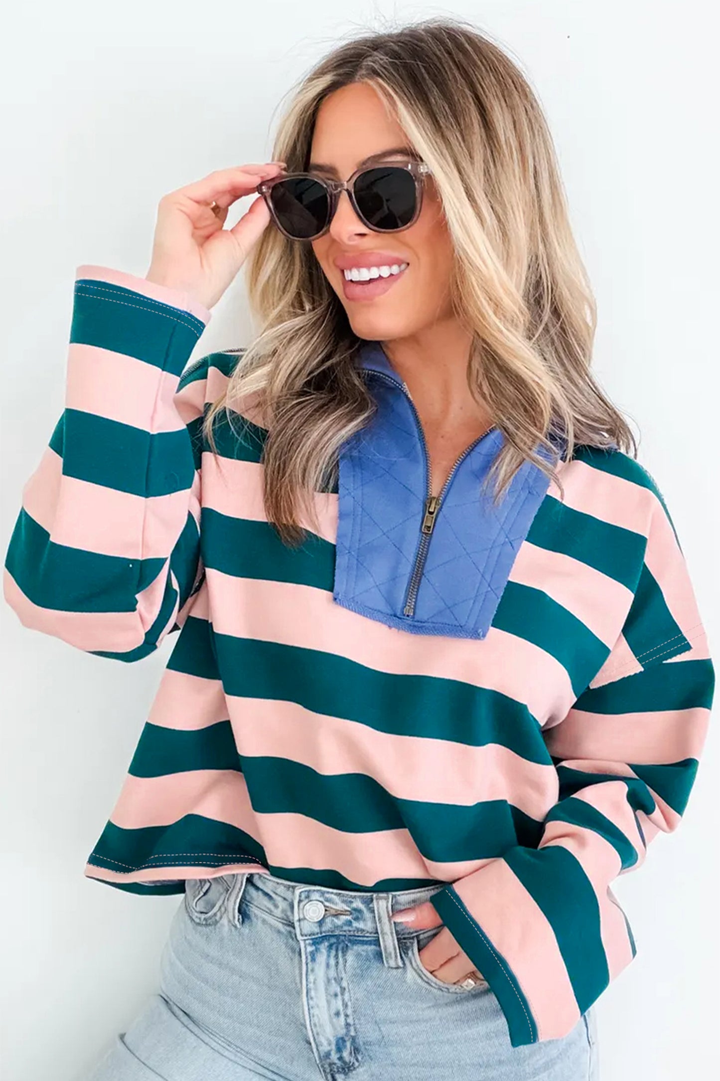 Green Stripe Quarter-Zip Metal Zipper Cover Stitch Hem Top