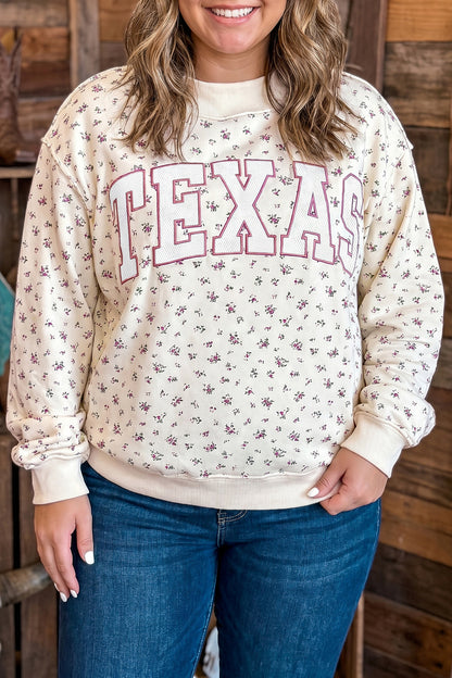 Apricot Floral Print Texas Long Sleeve Ribbed Neck Tunic Plus Size Sweatshirt