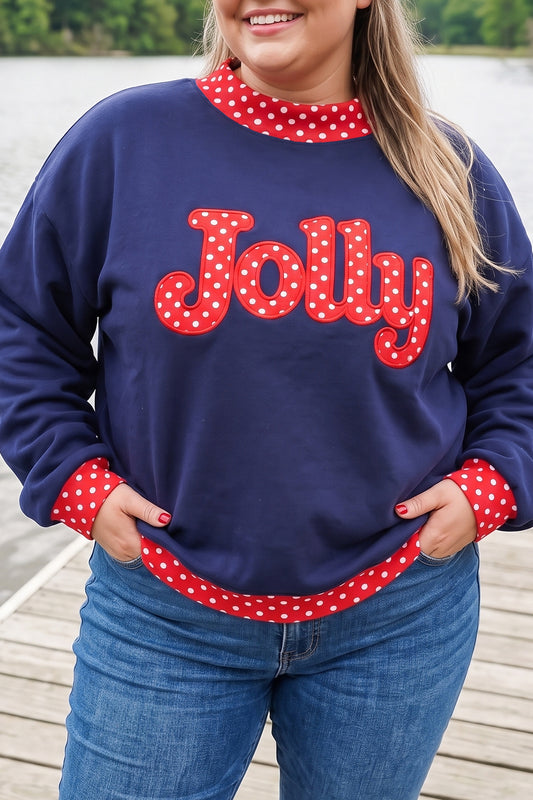 Dirty blue Casual Polka Dot Patchwork Letter Graphic Plus Size Sweatshirt