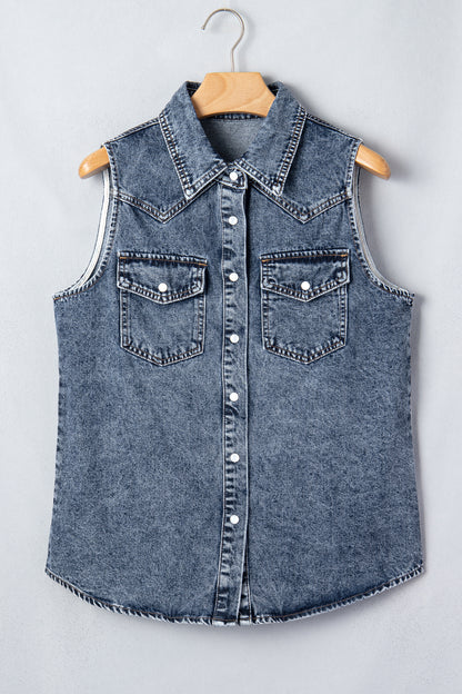 Ashleigh Blue Solid Denim Button Front Pocket Sleeveless Cowboy Vest