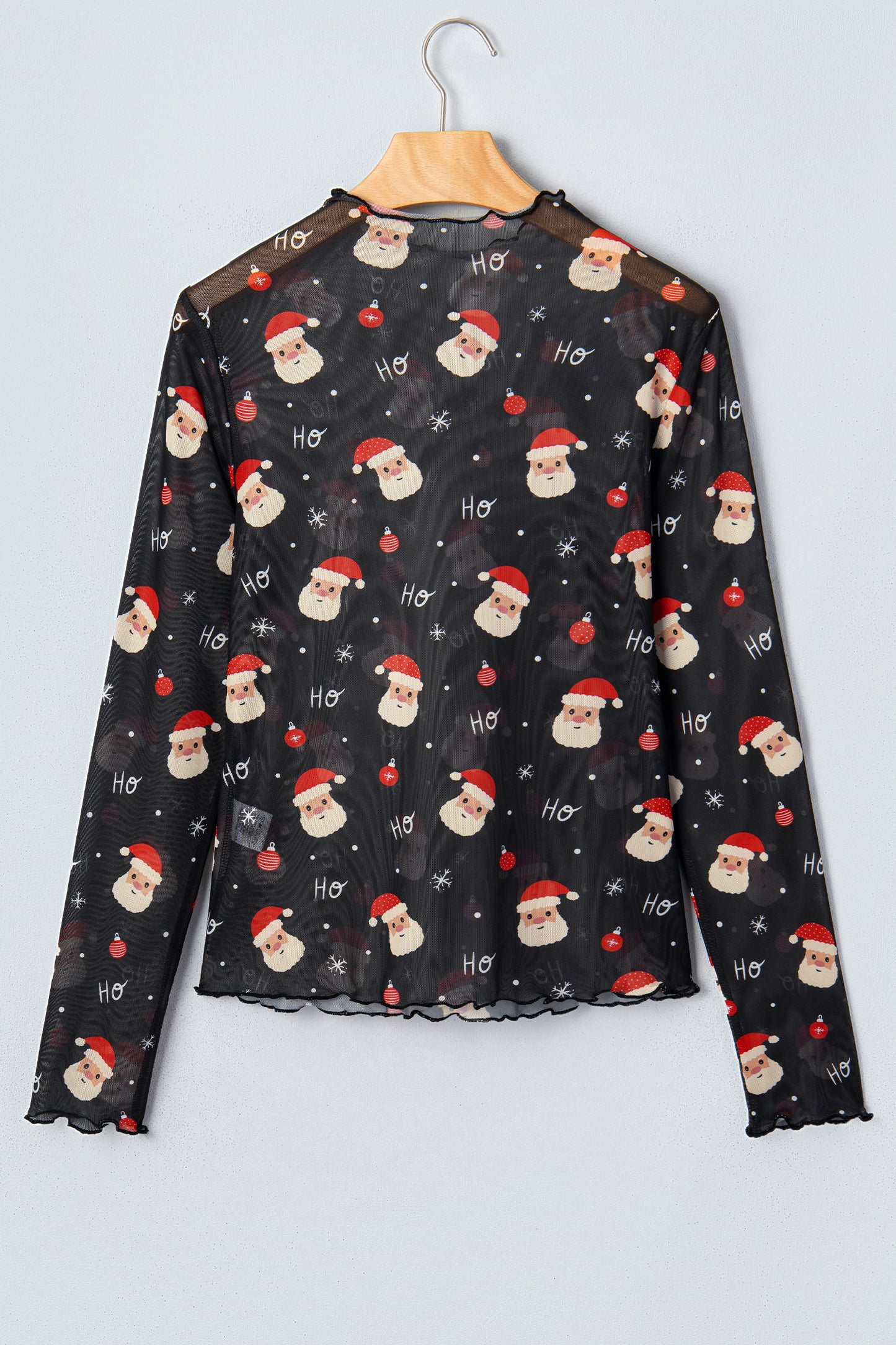 Black Santa Print Sheer Stand Neck Long Sleeve Top