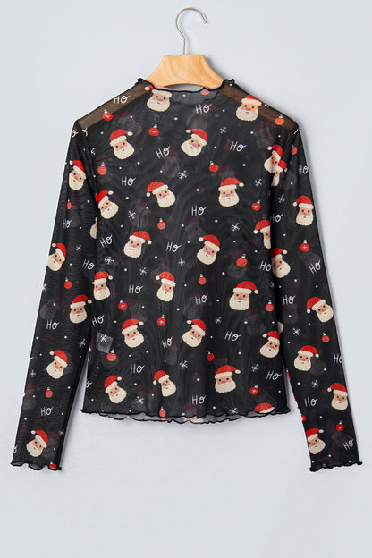 Black Santa Print Sheer Stand Neck Long Sleeve Top