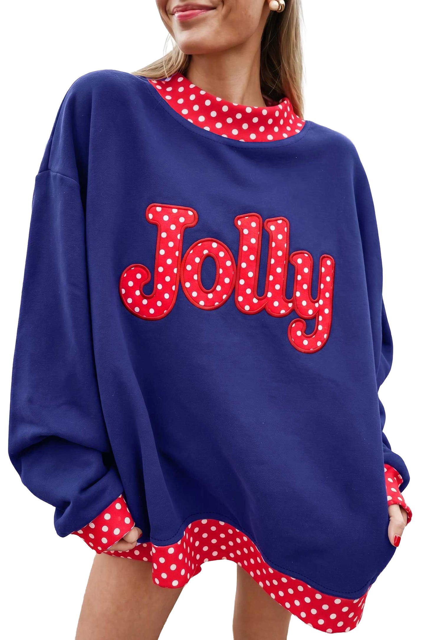 Dirty blue Polka Dot Letter Print Contrast Trim Mock Neck Sweatshirt