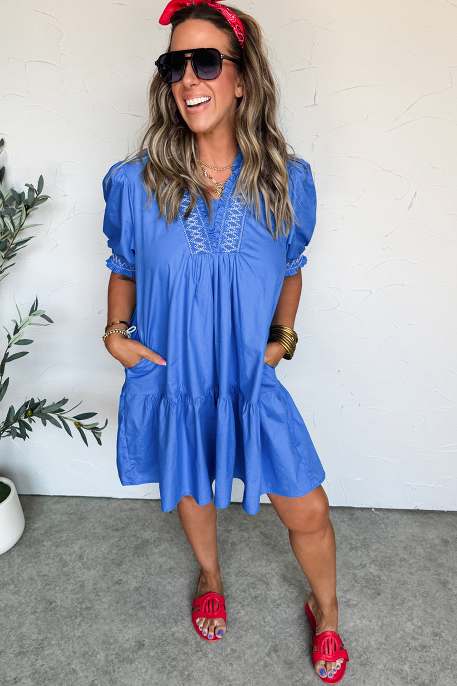 Sky Blue Embroidered Smocked Detail V Neck Short Puff Sleeve Mini Dress