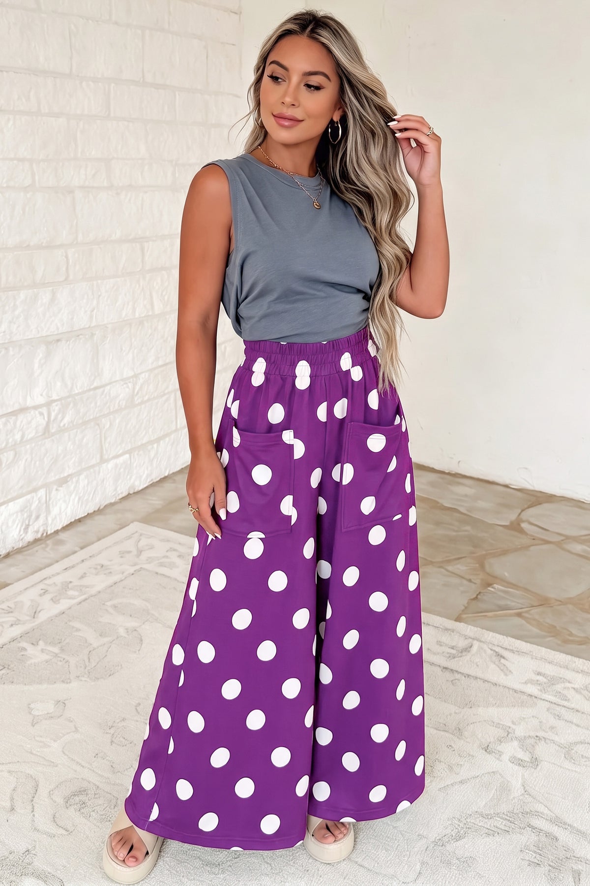 Purple Polka Dot Wide Leg Elastic Waist Casual Pants