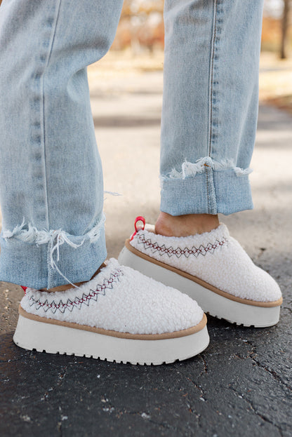 White Soft Plush Embroidered Detail Flat Platform Slippers