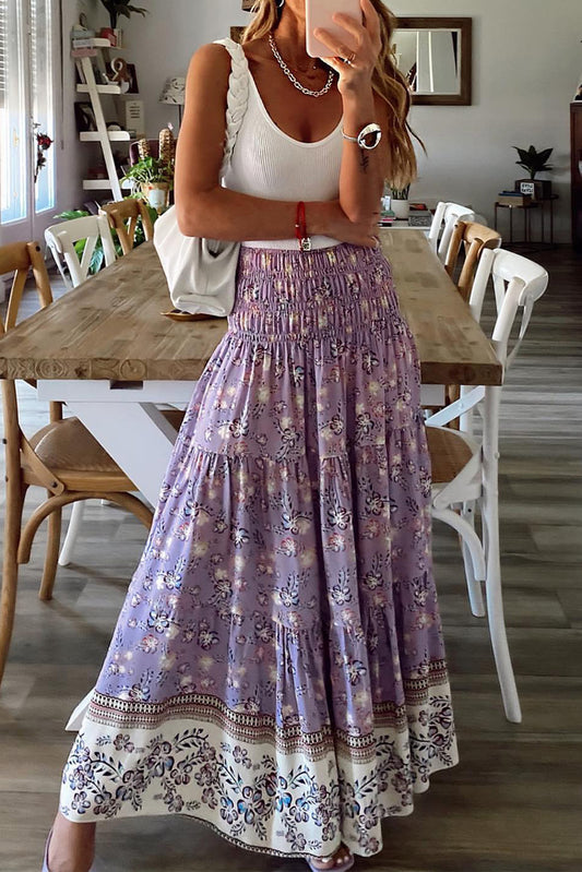 Floral Print Shirred High Waist Maxi Skirt
