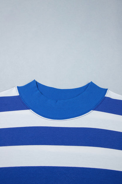 Blue Stripe Ribbed Trim Stand Neck Dropped Shoulder Plus Size Sweatshirt