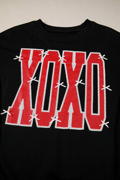 Black Bow Sequin XOXO Letter Graphic Exposed Seam Baggy Sweatshirt