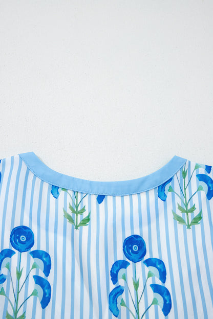 Sky Blue Floral Striped Print Tie Notched Neck Puff Sleeve Flared Mini Dress