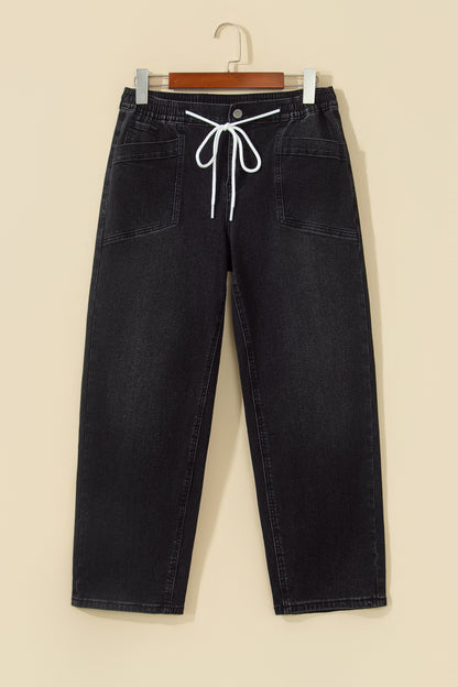 Black Drawstring Waist Ankle Length Casual Jeans Regular Fit Pocket Detail Denim Pants