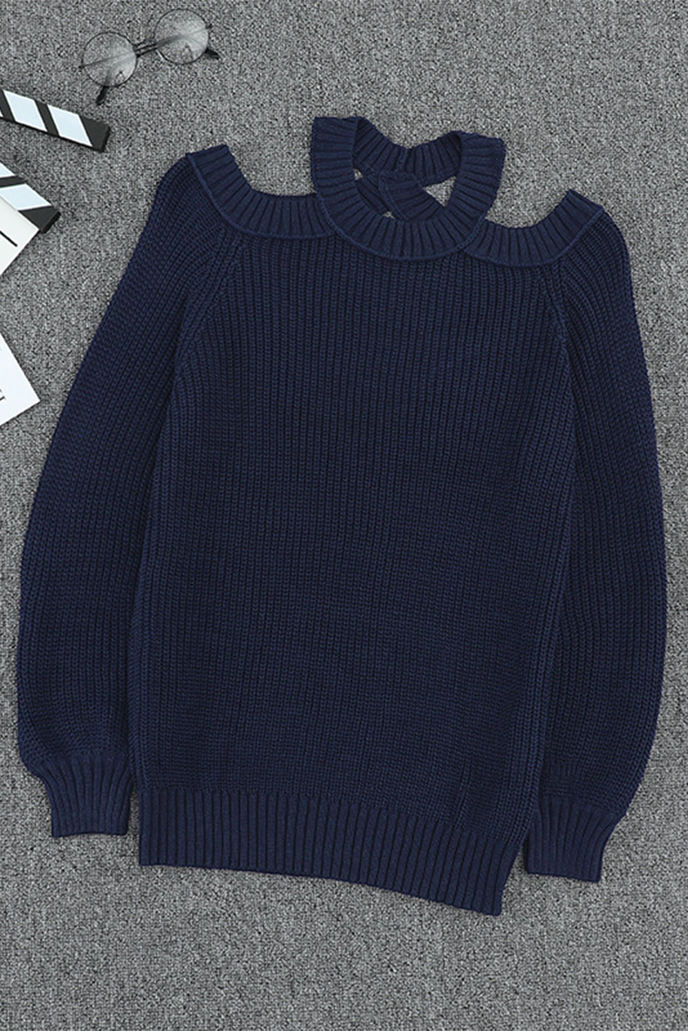 Suéter de punto acanalado con hombros descubiertos y cinturón cruzado sin espalda para mujer, informal, holgado, de manga larga, Color sólido, para invierno