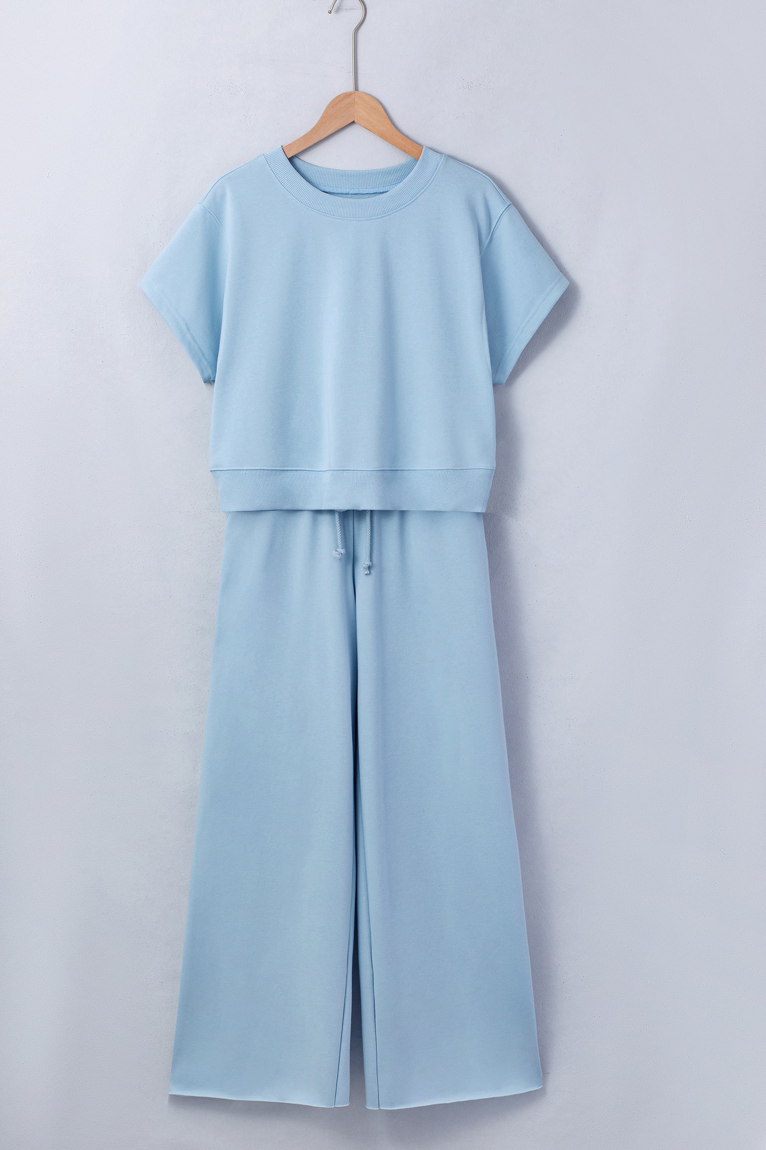 Mist Blue Solid Color Loose Tee Drawstring Wide Leg Pants 2pcs Outfit