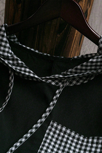 Black Hooded Gingham Paneling Chest Patch Pocket Long Sleeve Plus Size Blouse