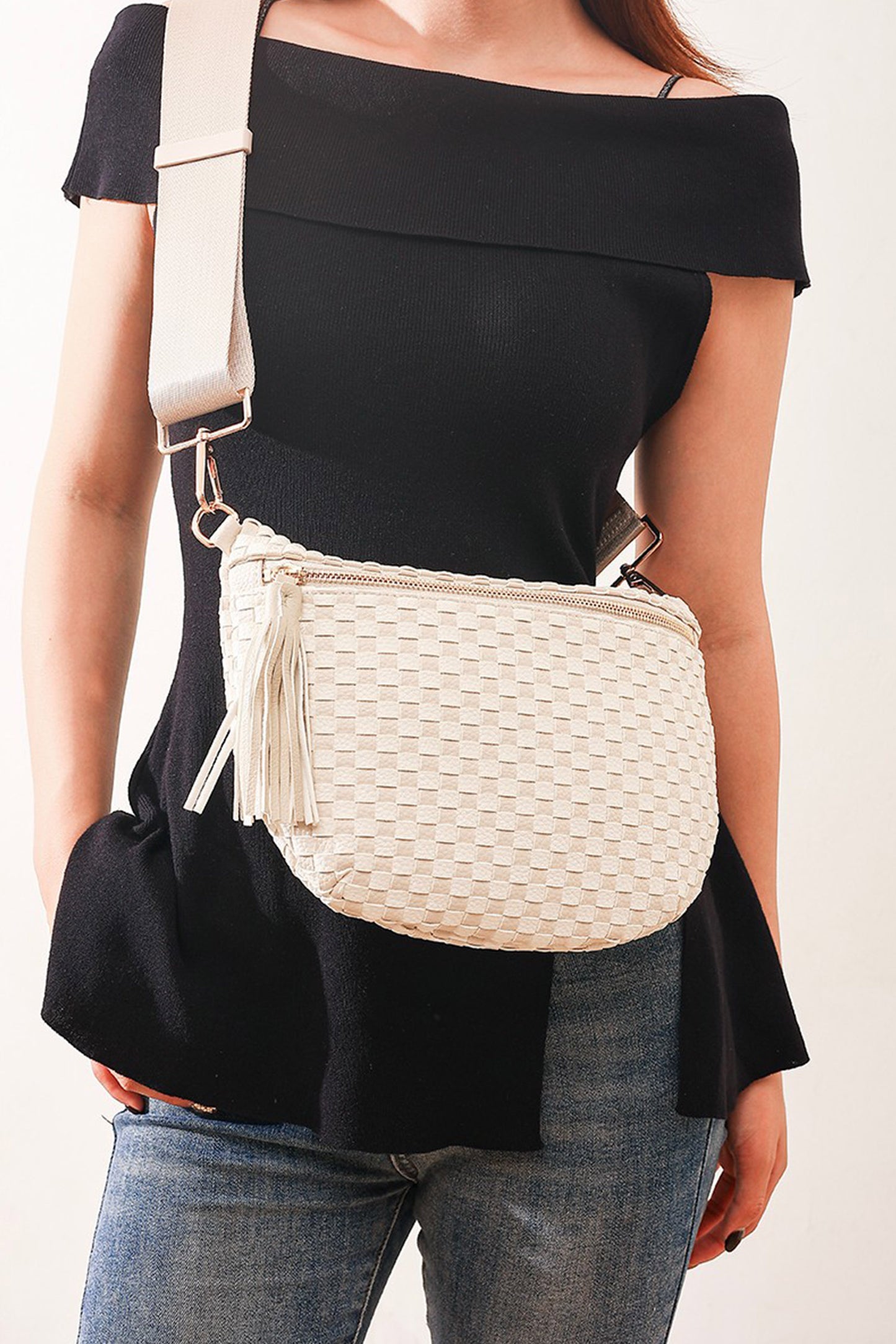 White Checkered Woven PU Leather Crossbody Bag Adjustable Strap Large Size