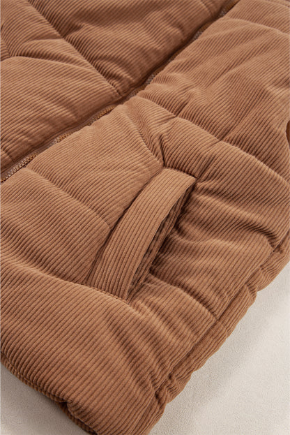 Gilet matelassé zippé en velours côtelé café à col montant