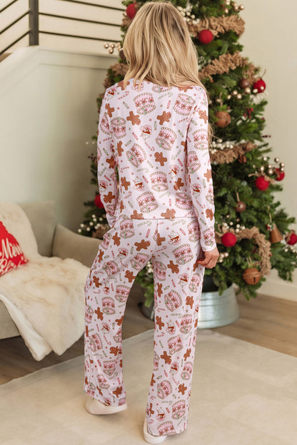 Pink Abstract Christmas Print Long Sleeve Two Piece Lounge Set
