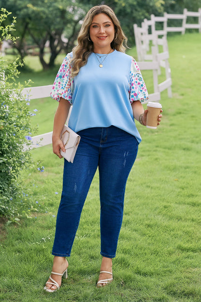 Light Blue Textured Bodice Contrast Floral Sleeve Plus Size Top