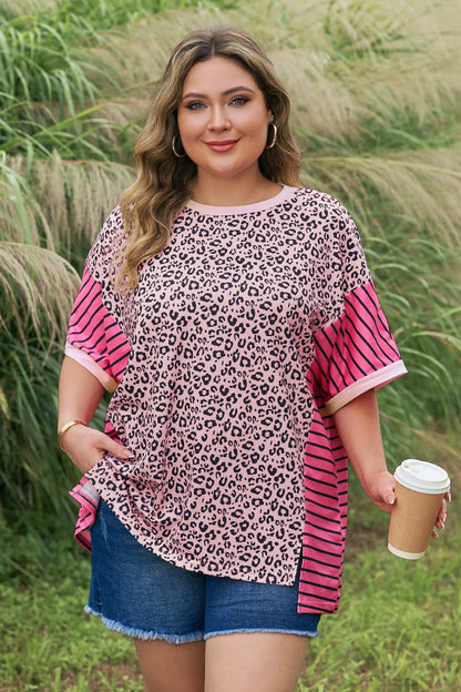 Pink Leopard Striped Contrast Patchwork Plus Size Tee