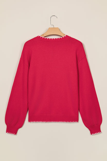 Racing Red Stitched Detail Christmas Tree Holiday Casual Sweater