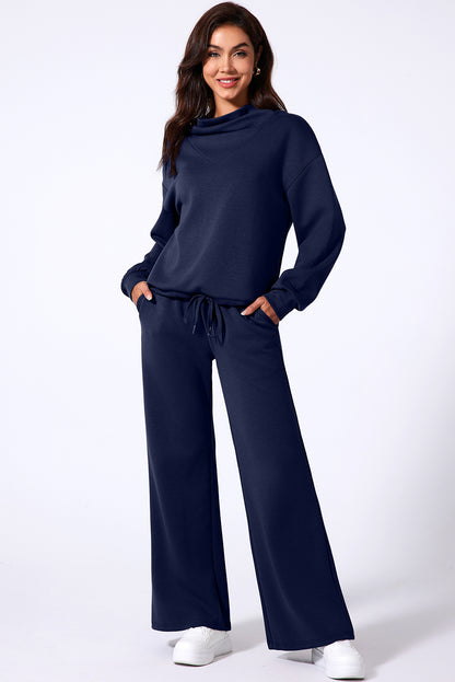 Navy Blue Solid Color Cowl Neck Drawstring Pullover Wide Leg Athleisure Pants Set