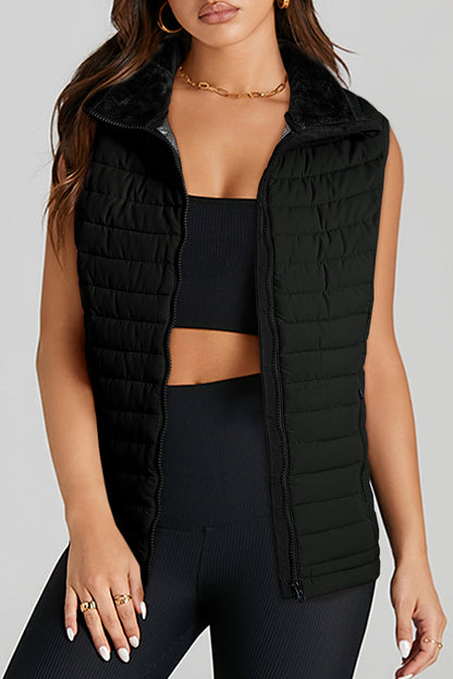 Gilet matelassé zippé à col en peluche noir