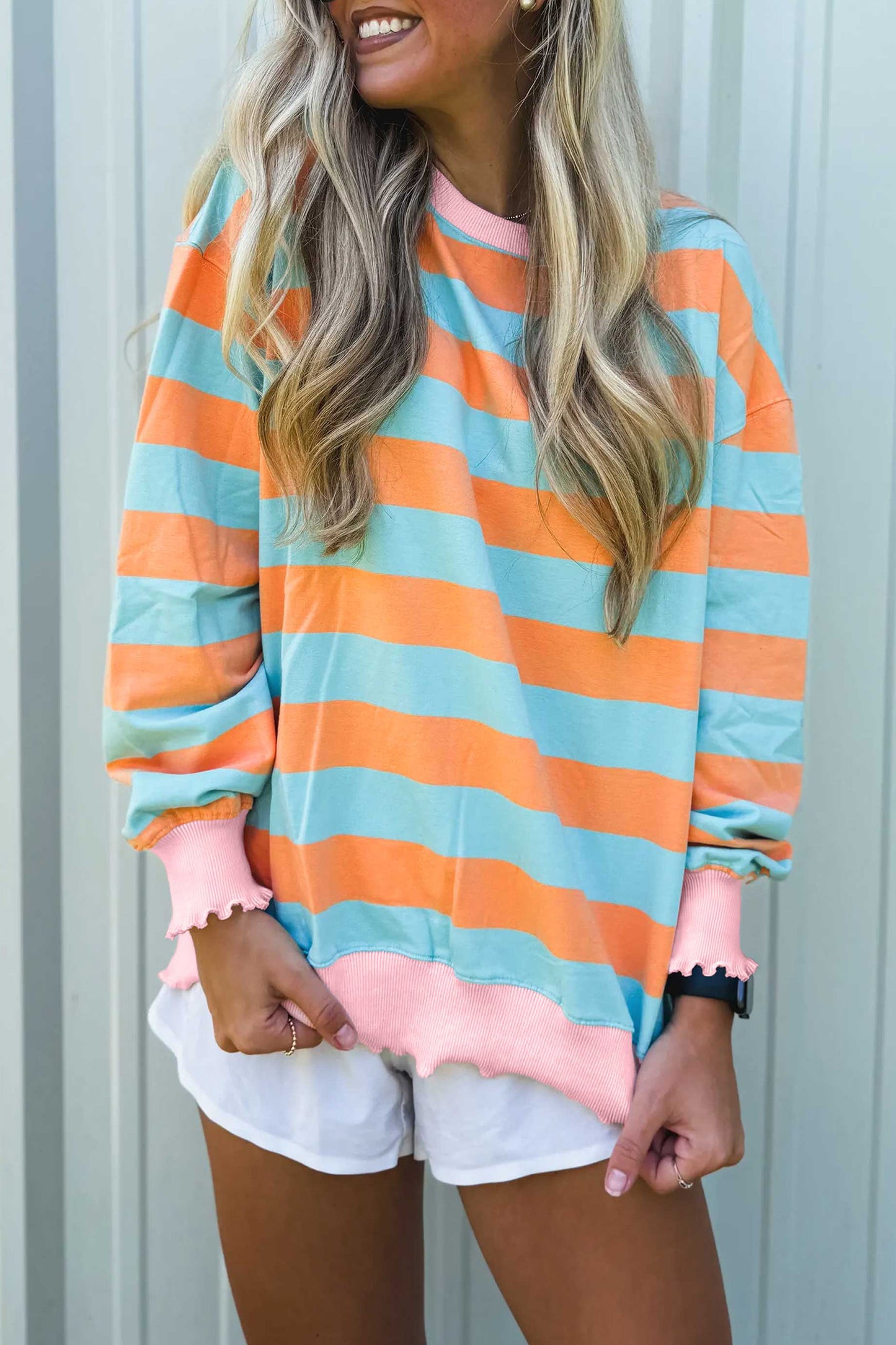 Orange Stripe Ribbed Color Block Trim Round Neck Long Sleeve Shift Top