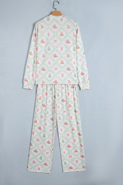 White Long Sleeve Patchwork Shift Christmas Daily Wear Lounge Set