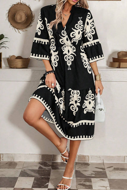 Robe midi ample noire à imprimé géométrique occidental, manches 3/4