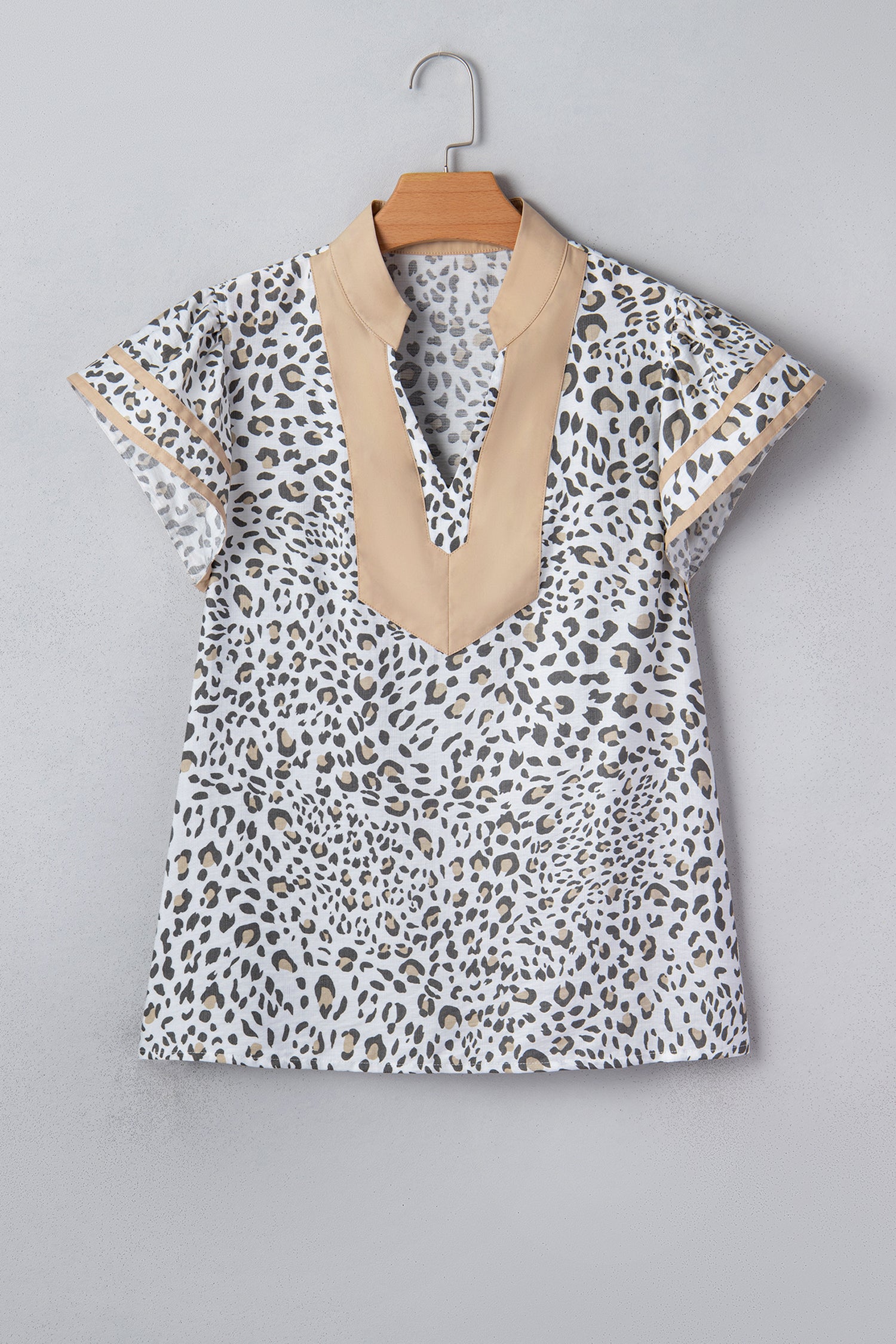 White Leopard Printed Color Block Patchwork V Neck Cap Sleeve Blouse