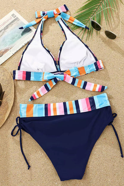 Ensemble bikini dos nu à rayures multicolores et froncé 