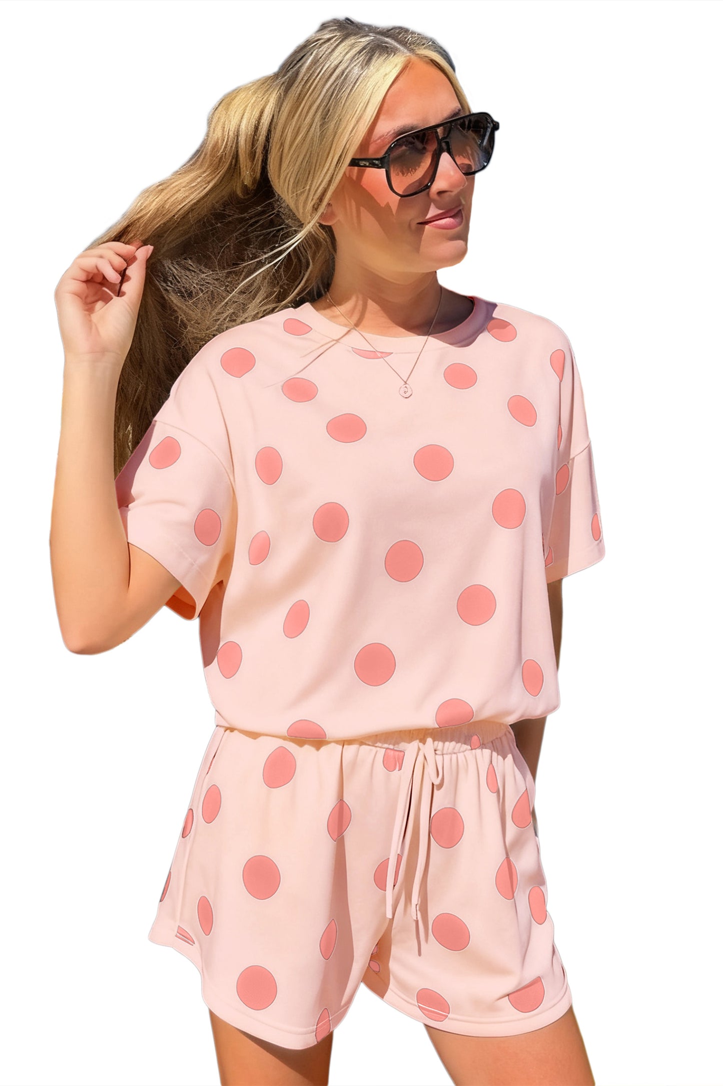 Pink Polka Dot Print Loose Tee Drawstring Elastic Waist Short Set