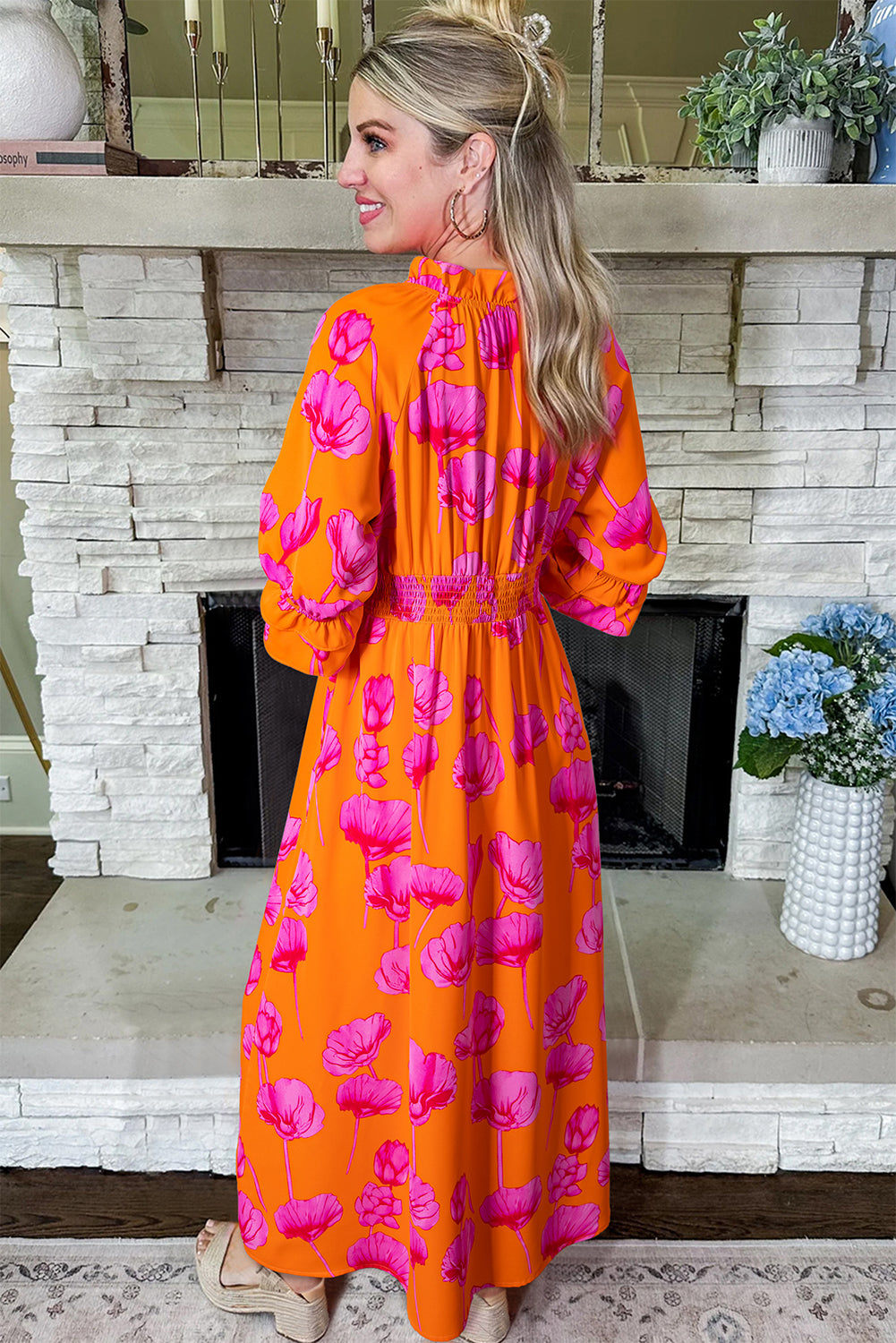 chinese dress ladies Frilly Smocked V Neck Floral Ruffle Sleeve Maxi Dress chinese dress ladies Frilly Smocked V Neck Floral Ruffle Sleeve Maxi Dress