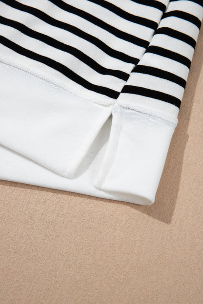White Stripe Color Block Long Puff Sleeve Metal Zip-Up Collar Top