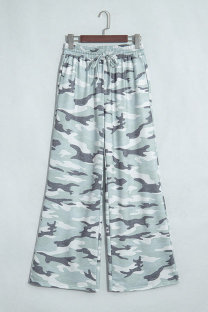 Green Camo Wide Leg Tie Elastic Waist Casual Pants