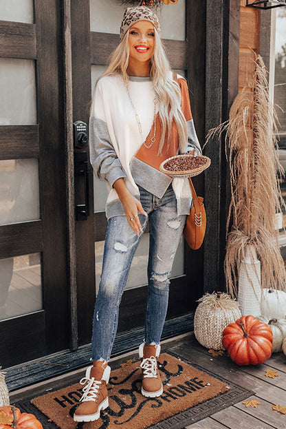 Haut à manches longues et ourlet irrégulier avec coutures colorblock