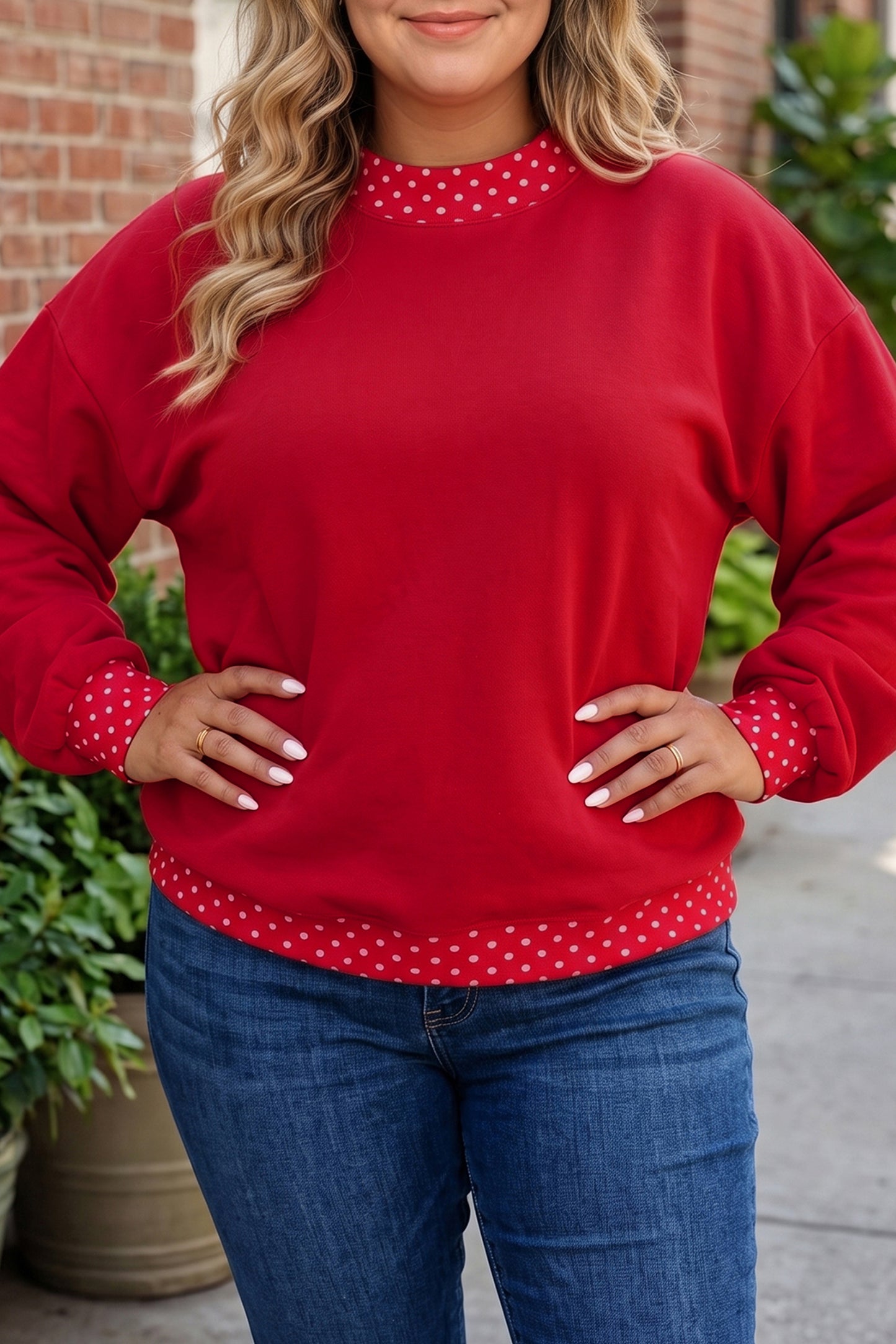 Red Polka Dot Patchwork Round Neck Plus Size Sweatshirt