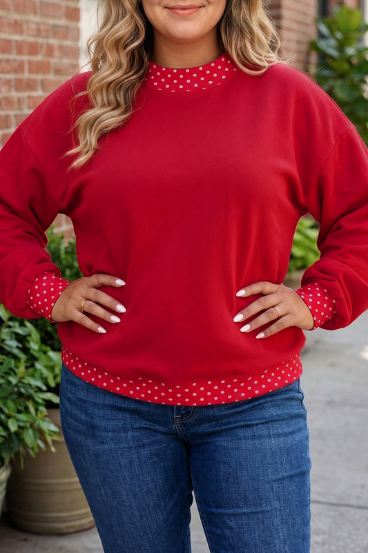 Red Polka Dot Patchwork Round Neck Plus Size Sweatshirt