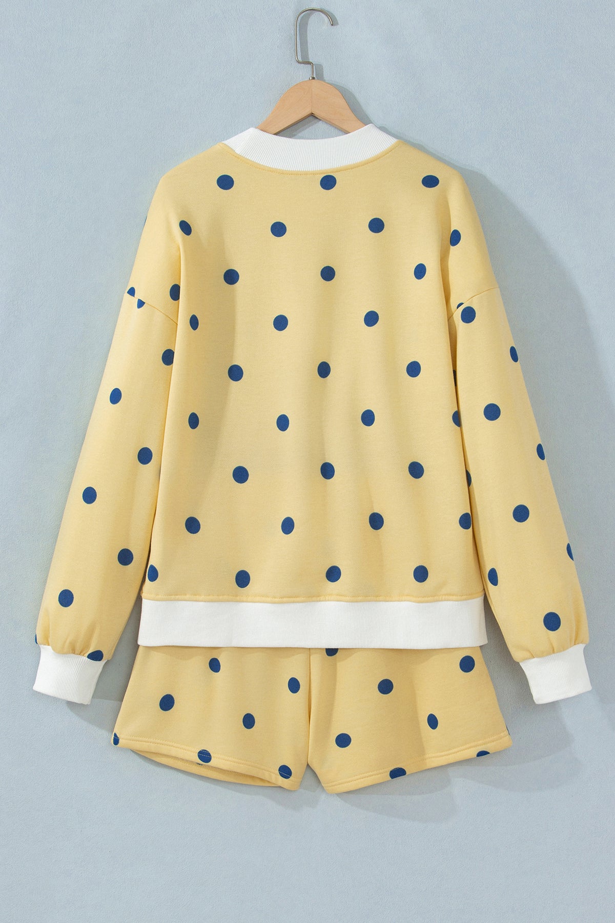 Yellow Polka Dot Ribbed Trim Long Sleeve Top Casual Short Set