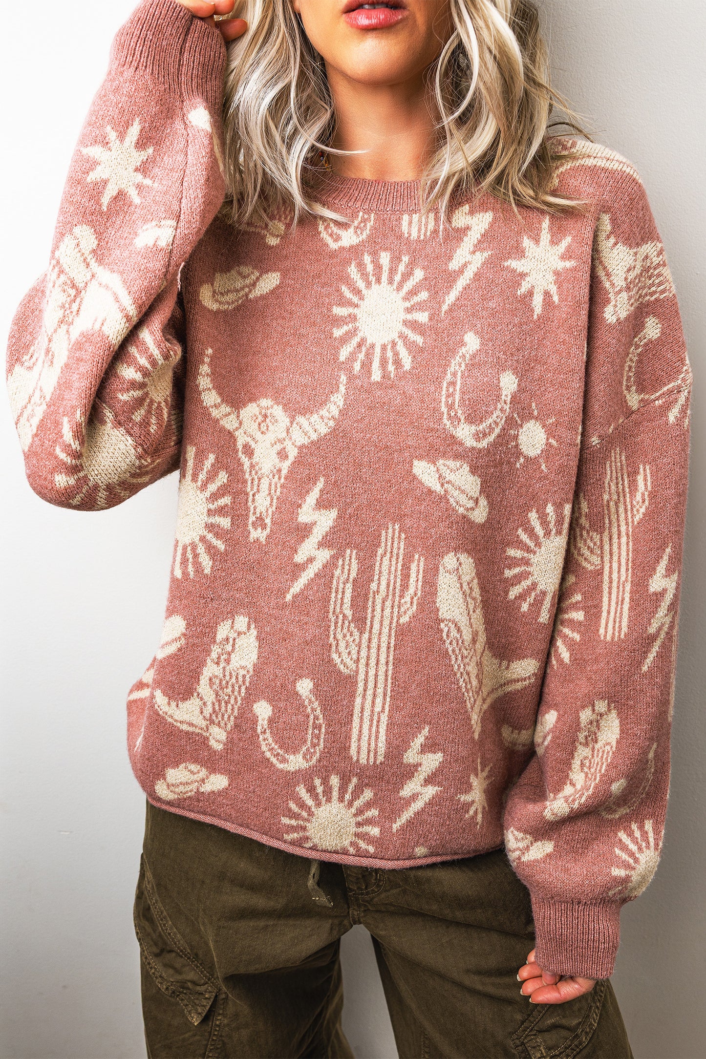 Peach Blossom Western Print Drop Shoulder Round Neck Long Sleeve Sweater