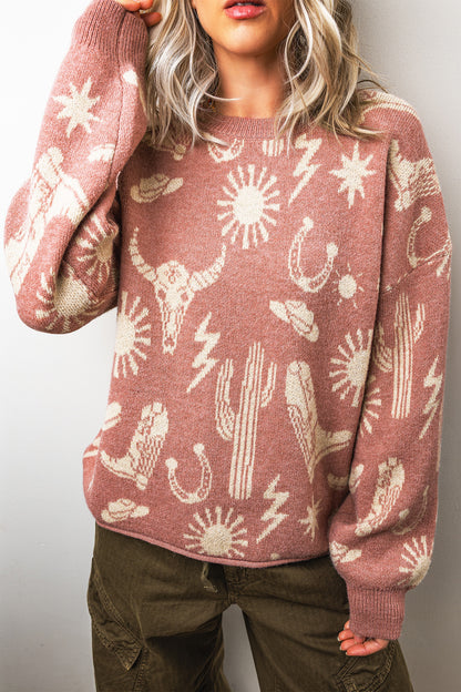 Peach Blossom Western Print Drop Shoulder Round Neck Long Sleeve Sweater