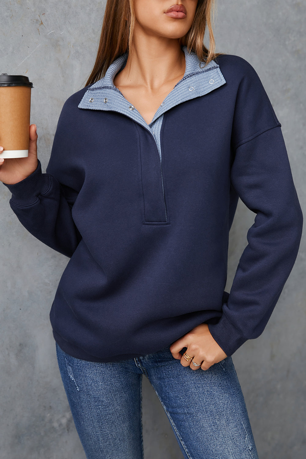Dirty blue Drop Shoulder Metal Button Casual Pullover Sweatshirt