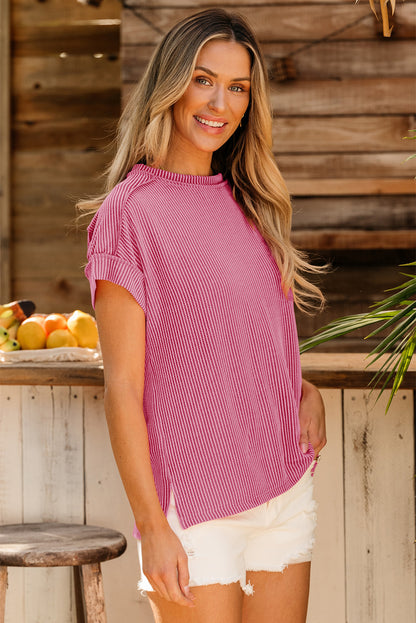 Rose Red Textured Knit Exposed Stitching T-shirt