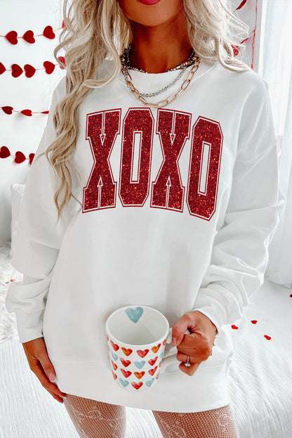Sweat-shirt ras du cou blanc pailleté XOXO Graphic pour la Saint-Valentin