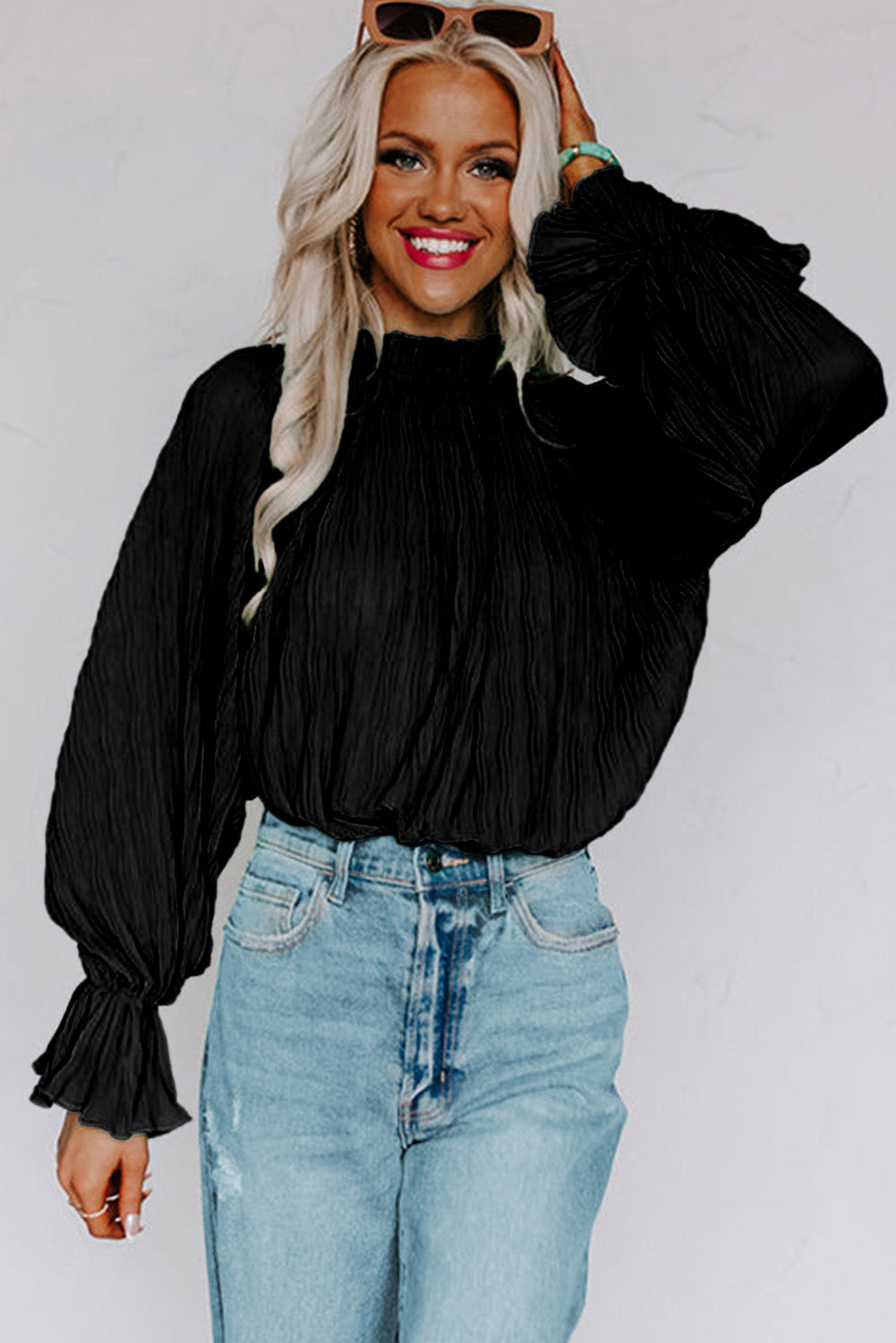 Blusa de manga larga con puños acampanados plisados ​​llamativos verde 