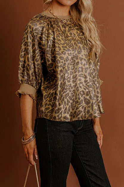 Gold Half Sleeve Metallic Leopard Print Blouse