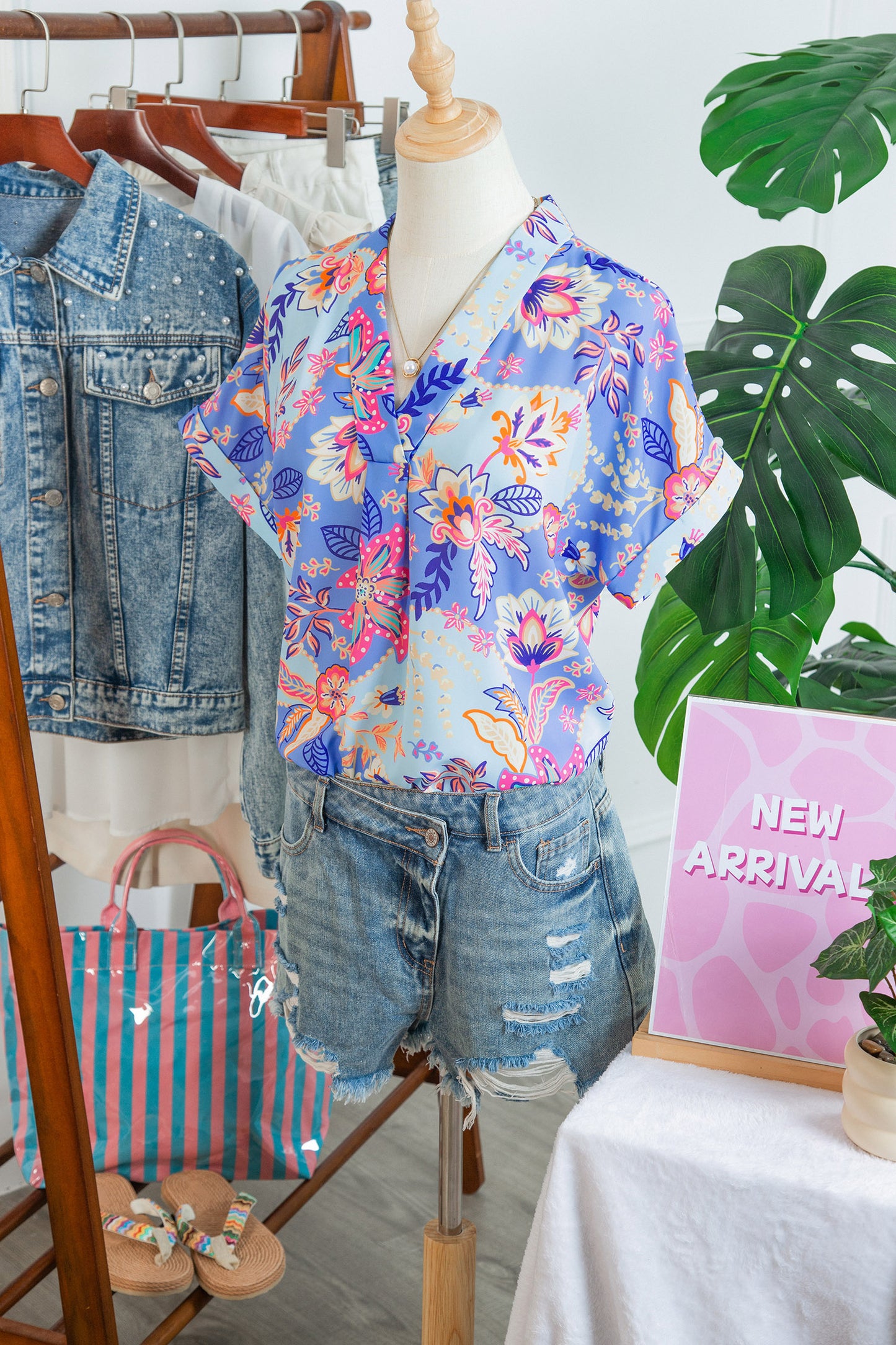 Purple Vacation Floral Print V Neck Short Sleeve Blouse
