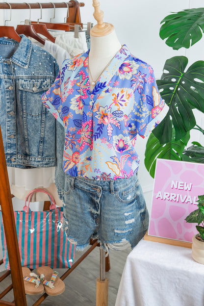 Purple Vacation Floral Print V Neck Short Sleeve Blouse